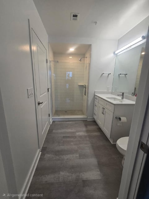 Modern bathroom with white subway tile shower, vanity with mirror and lighting, gray floor tiles, and white walls