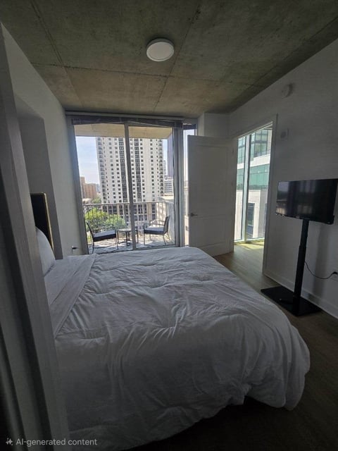 Modern apartment bedroom with bed, large window overlooking city buildings, TV on stand, and concrete ceiling